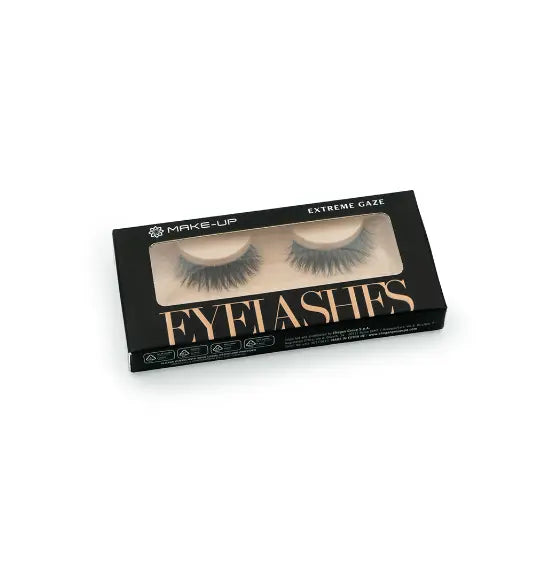Faux cils « Extreme Gaze » dans un emballage noir élégant. Ces faux cils réutilisables offrent un regard intense et glamour pour toute occasion.