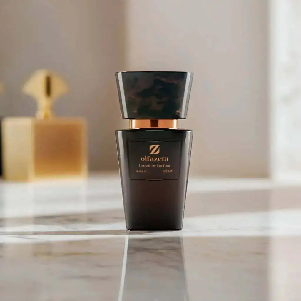 Parfum N° 044 - Silver Mountain, une fragrance élégante aux notes de bergamote et mandarine. Flacon noir raffiné posé sur une surface en marbre.