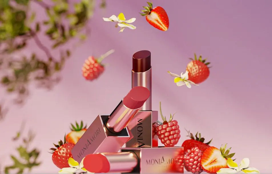 Rouge à lèvres Mona Amori avec fraises et framboises en lévitation.