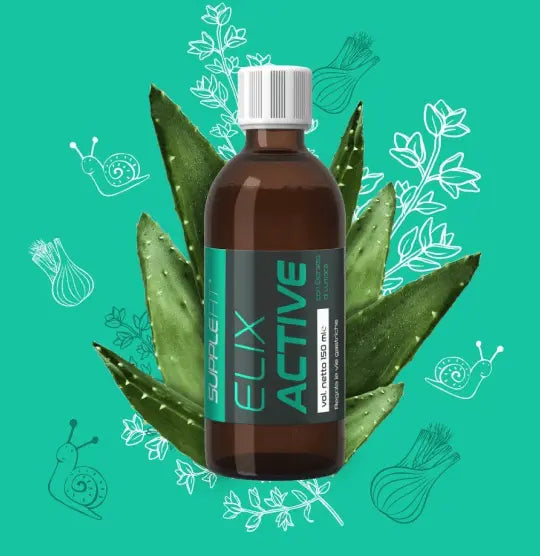 Sirop digestion ELIX ACTIVE avec Aloe, Fenouil et Mauve. Complément alimentaire naturel pour l'équilibre gastro-intestinal, illustré avec plantes et ingrédients.