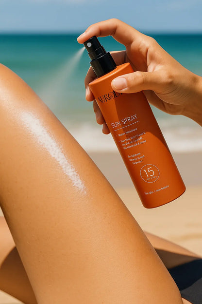 SPRAY SOLAIRE PF 15  PROTECTION MOYENNE LARGE SPECTRE, CONTRE LES RAYONS UVA ET UVB AURA PHENIX